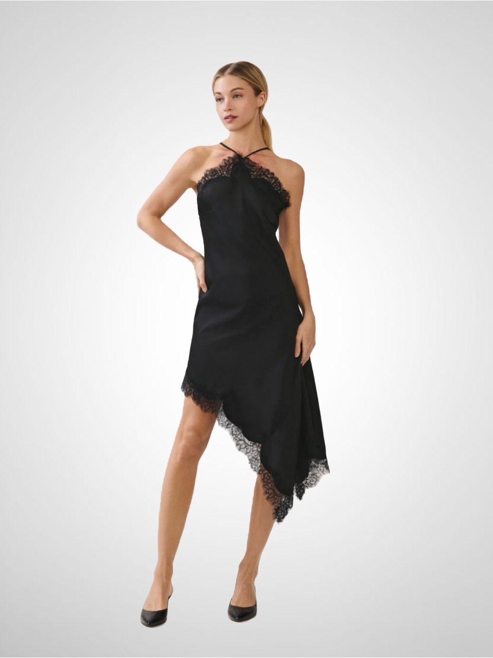 Camila Coelho/ REVOLVE. Asymmetrical Slip Dress with Lace Trim Black L